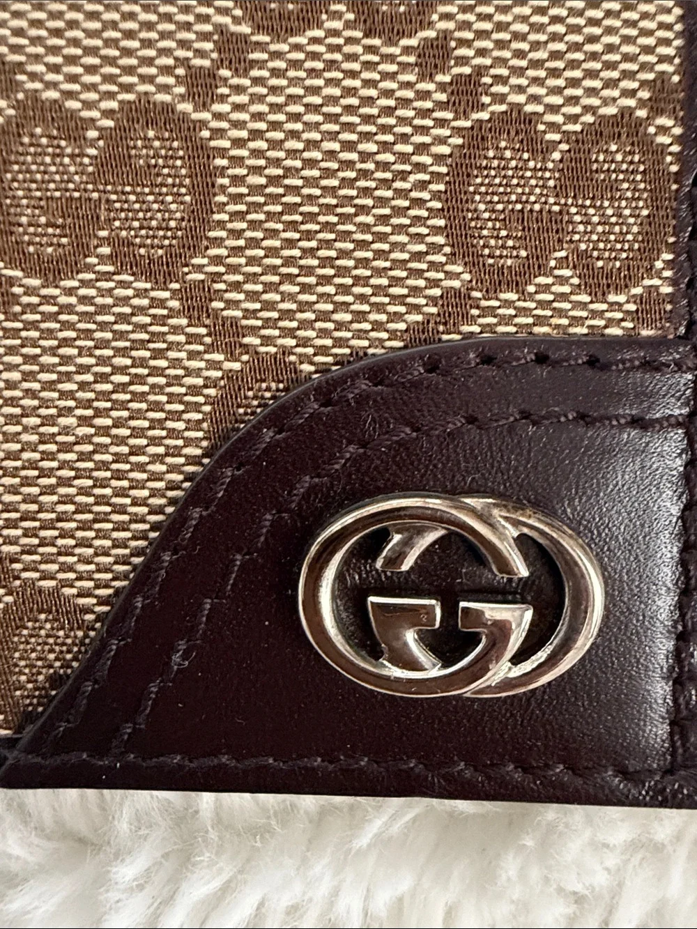 Gucci Brown & Beige GG Canvas Card Holder with Silver Emblem